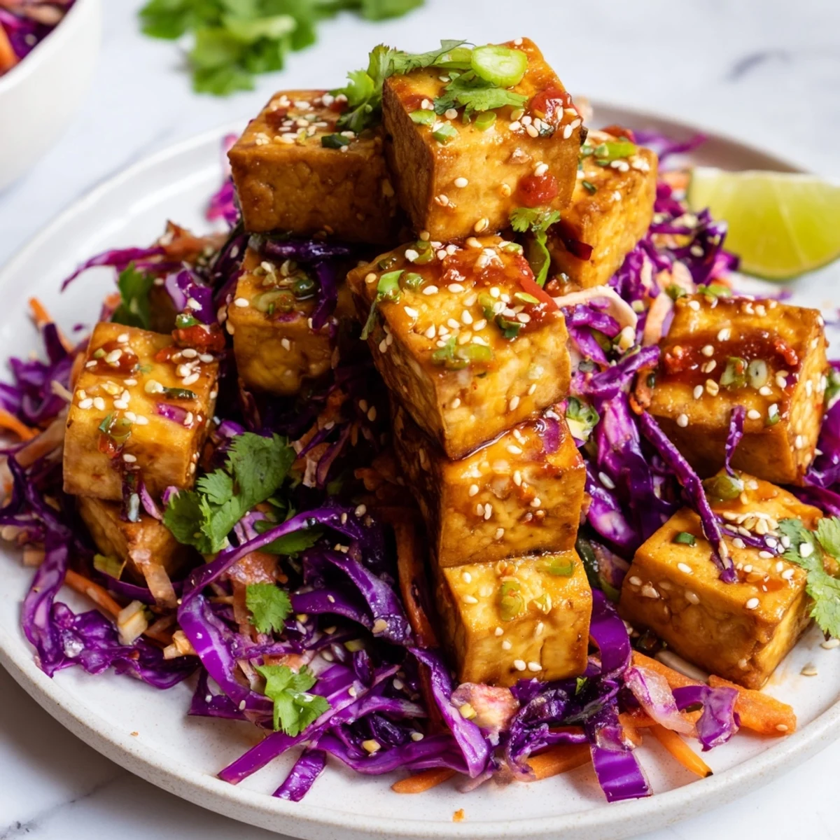 Golden crispy chili lime tofu cubes nestled on vibrant purple sesame cabbage crunch slaw