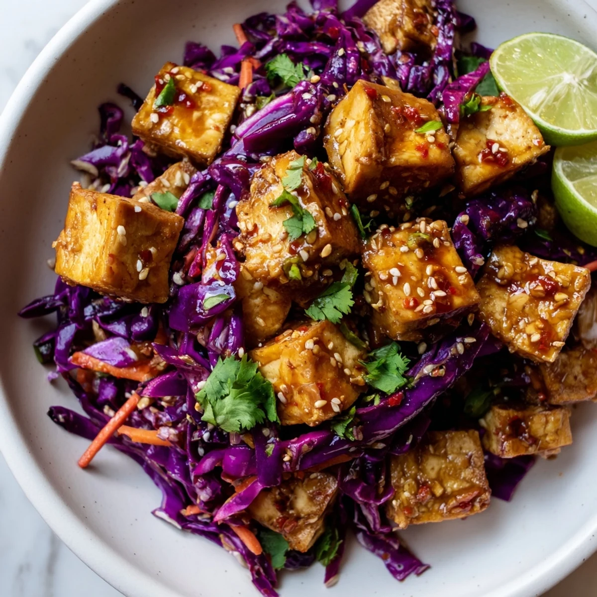 Crispy chili lime tofu with sesame cabbage crunch drizzled in zesty lime glaze