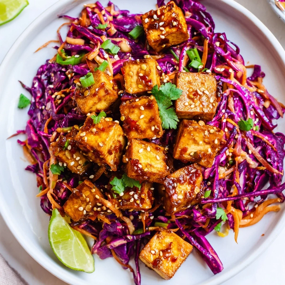 Tangy glazed crispy chili lime tofu served over crunchy sesame cabbage slaw with cilantro