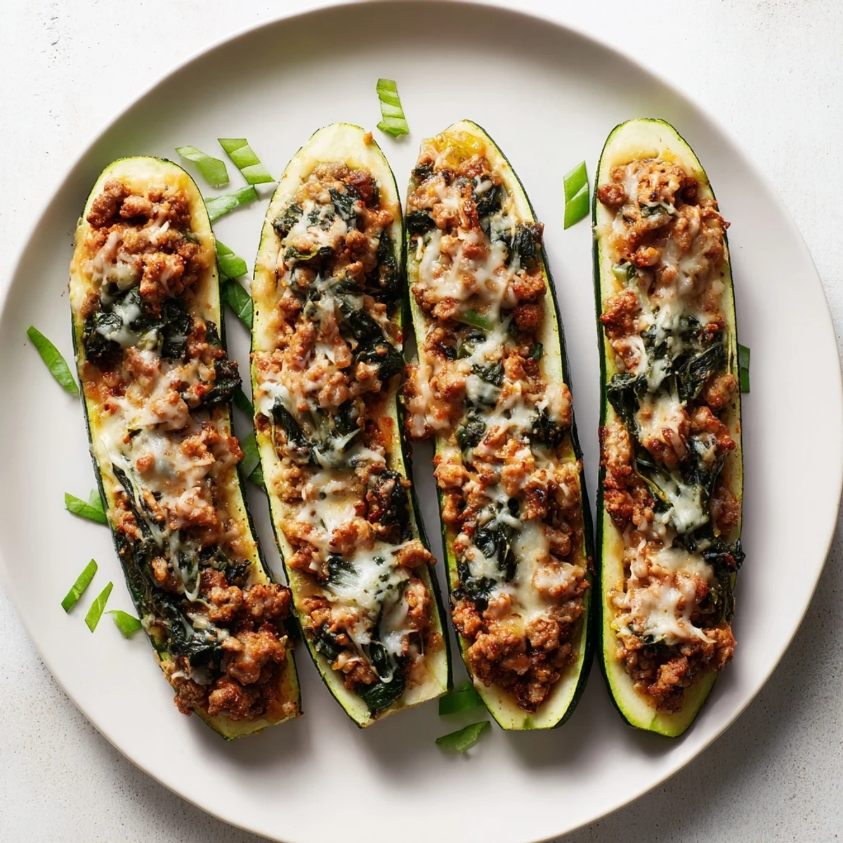 Golden baked pesto turkey zucchini boats with melted mozzarella, spinach, and fresh basil leaves