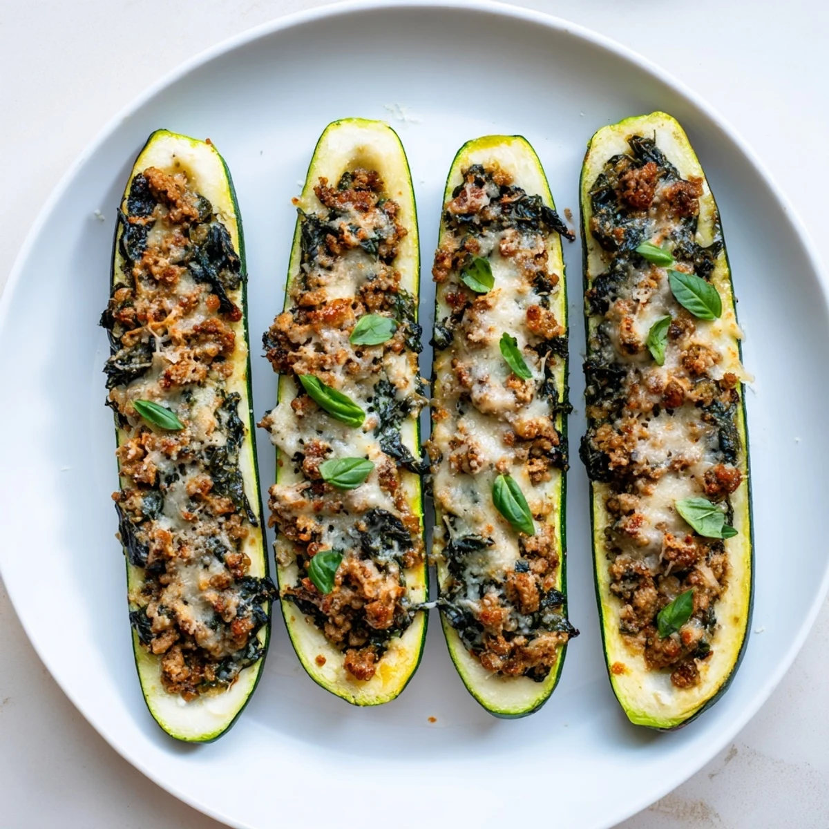 Basil pesto turkey and spinach zucchini boats bubbling with melted cheese on a parchment-lined baking sheet