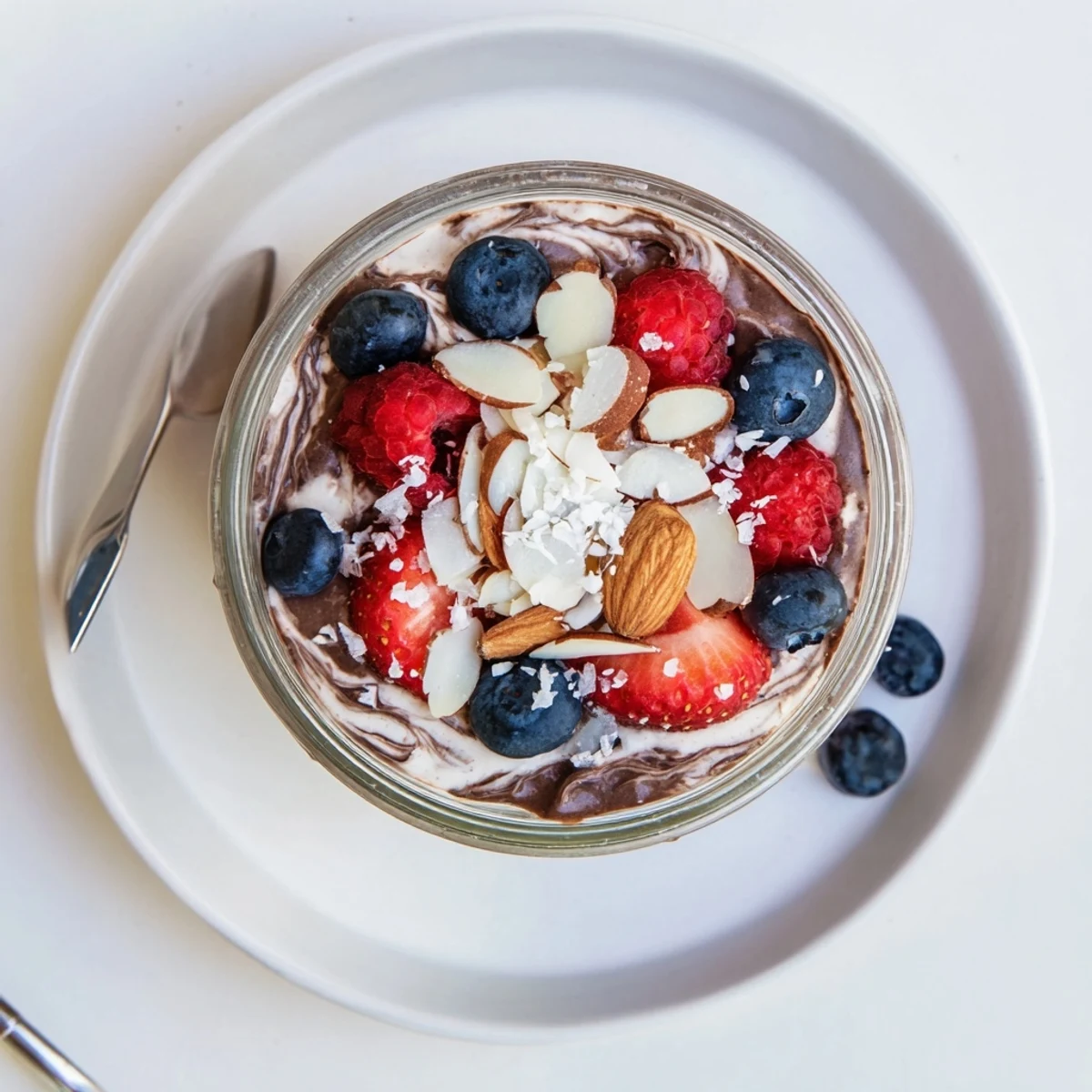 Creamy chocolate almond coconut protein chia cream topped with bright juicy berries in a glass jar