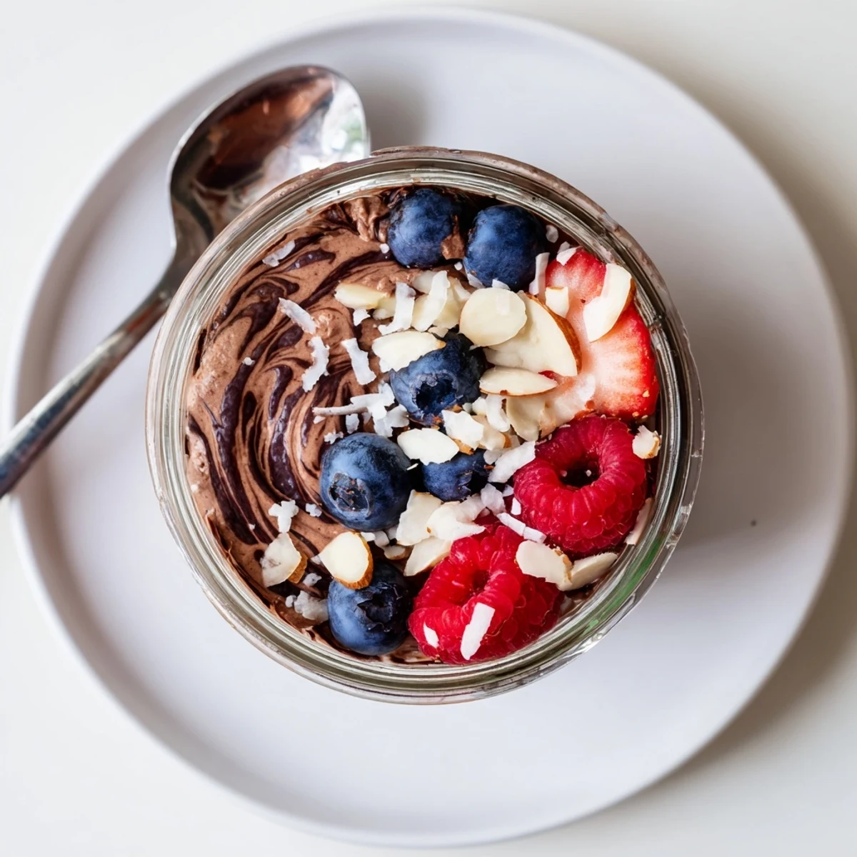 Luscious chocolate almond coconut protein chia cream served in jars crowned with ripe mixed berries and shredded coconut
