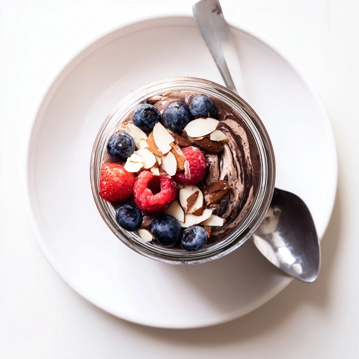 Rich chocolate almond coconut protein chia cream layered with velvety pudding and fresh colorful berries