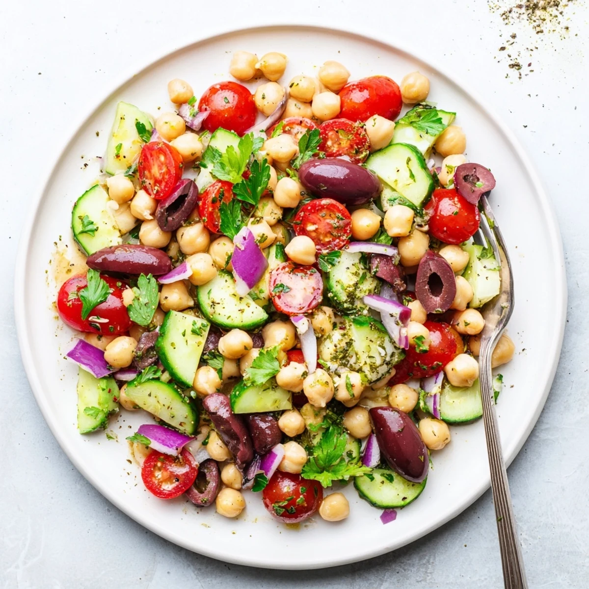 Mediterranean chickpea salad glistening with bright lemon-garlic dressing in a rustic serving bowl