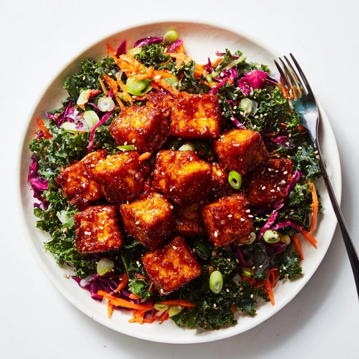 Golden spicy tofu cubes nestled over vibrant sesame dressed kale and cabbage slaw