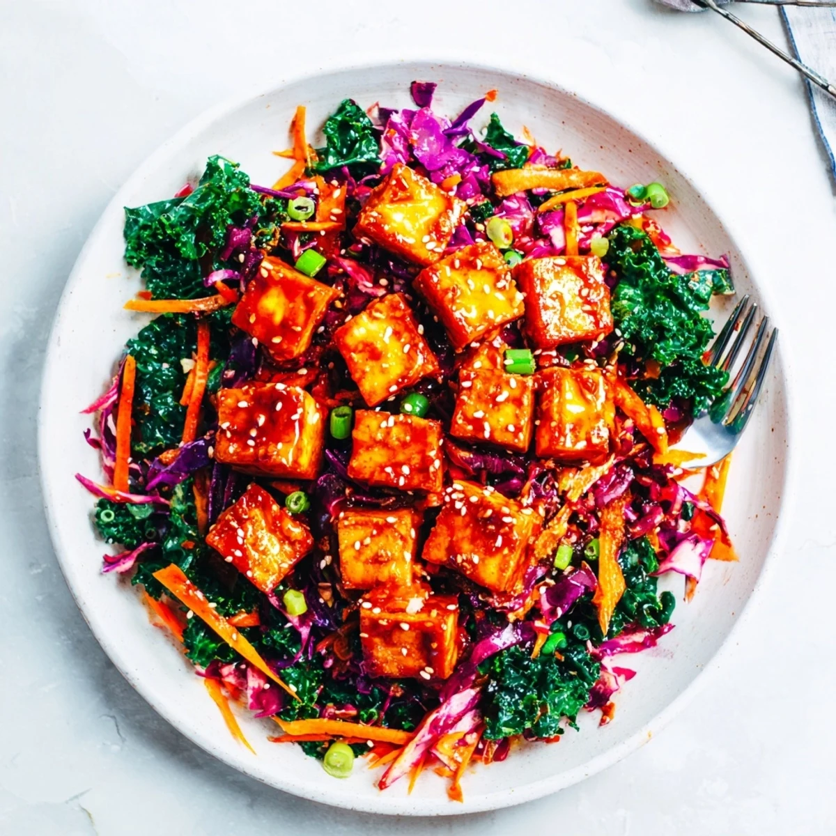 Crispy chili garlic tofu with sesame kale slaw garnished with toasted sesame seeds