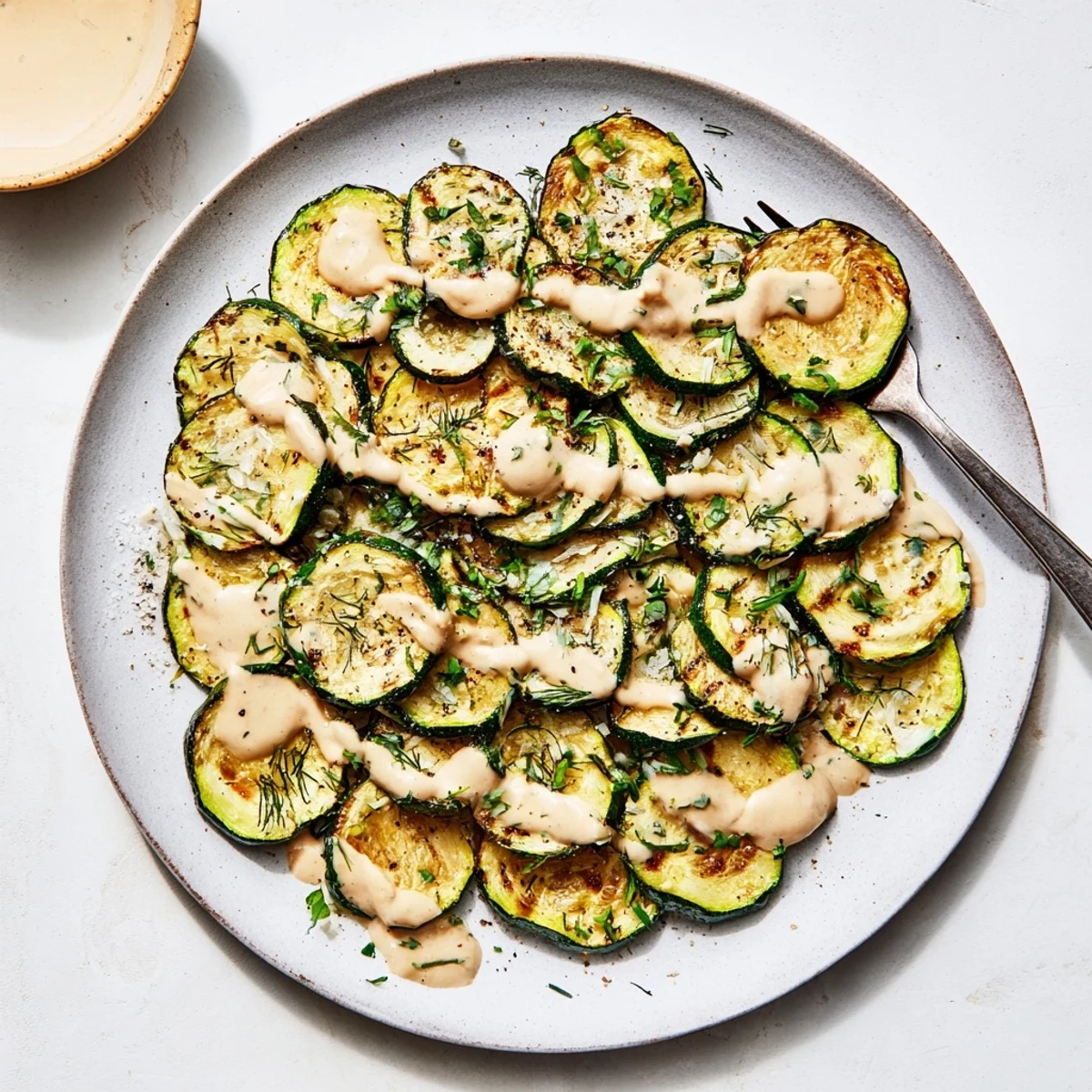 Golden roasted zucchini rounds drizzled with creamy lemon herb tahini on a rustic platter