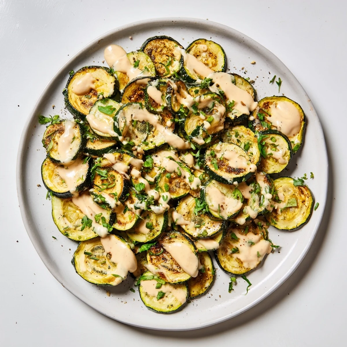 Caramelized roasted zucchini slices topped with vibrant lemon herb tahini drizzle ready to serve