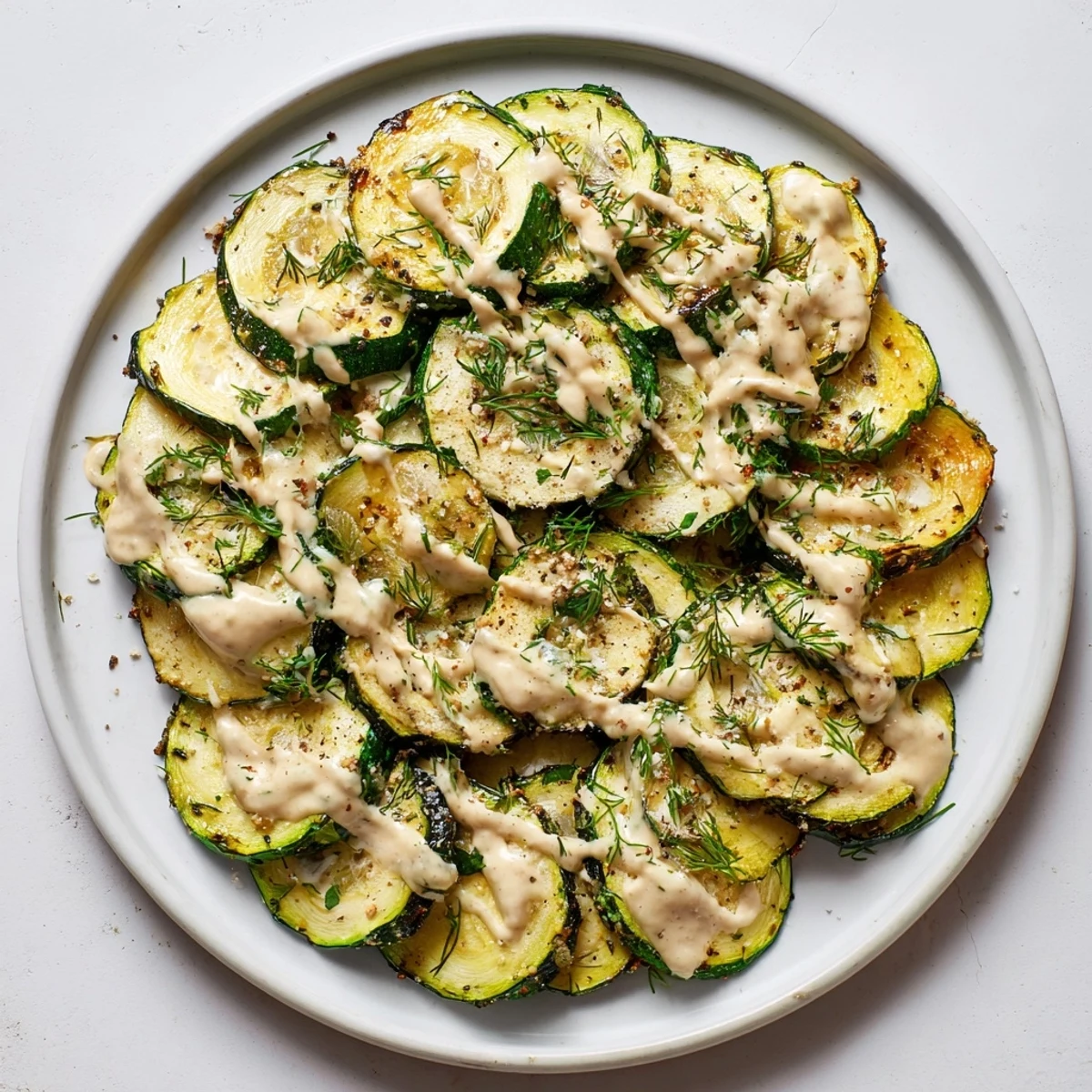 Tender roasted zucchini with lemon herb tahini drizzle finished with fresh green herbs