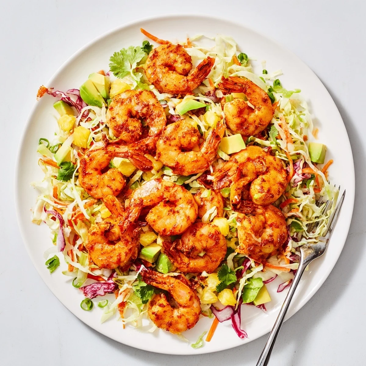 Golden spicy pineapple shrimp nestled on vibrant lime avocado slaw in a rustic bowl