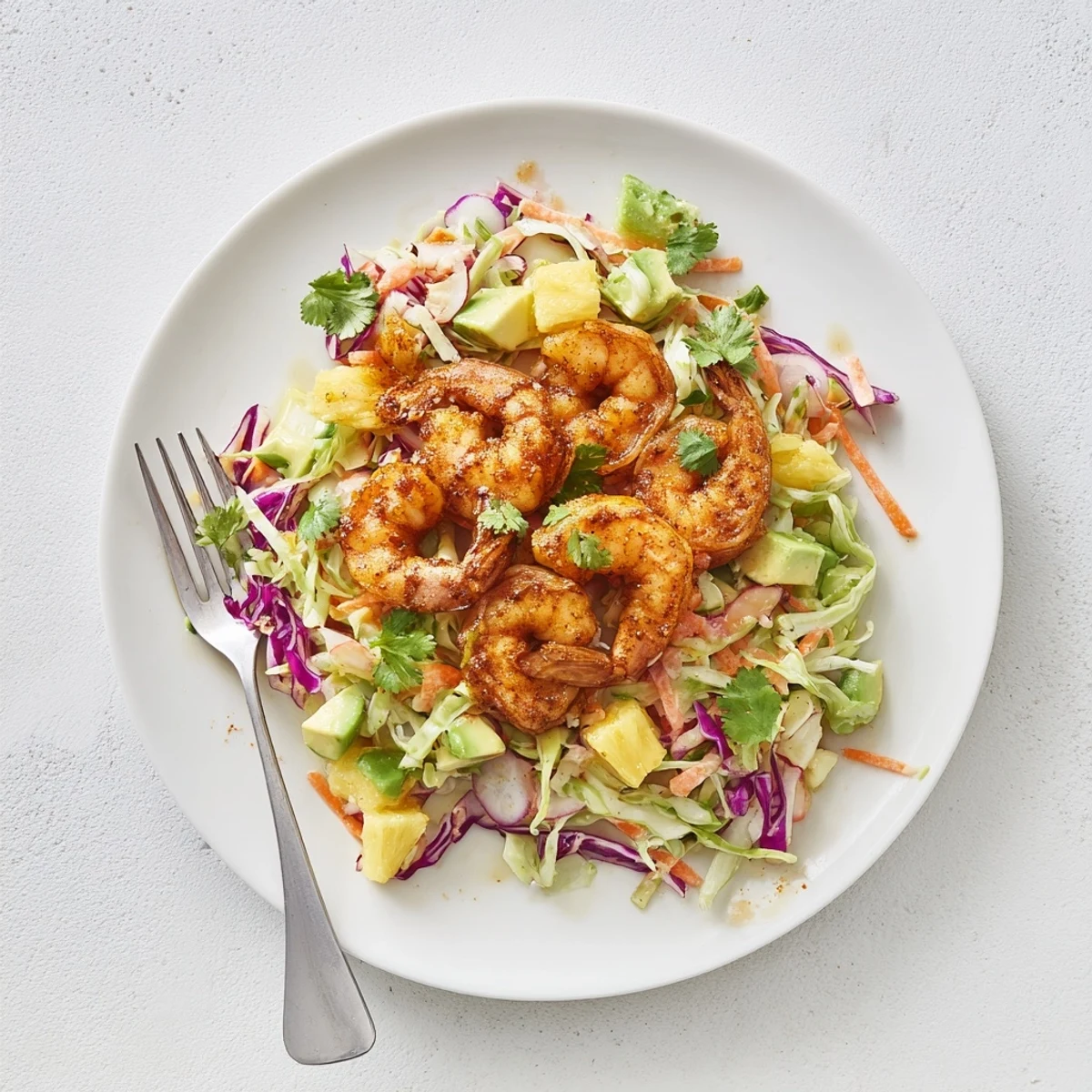 Crisp lime avocado slaw topped with caramelized spicy pineapple shrimp and fresh cilantro
