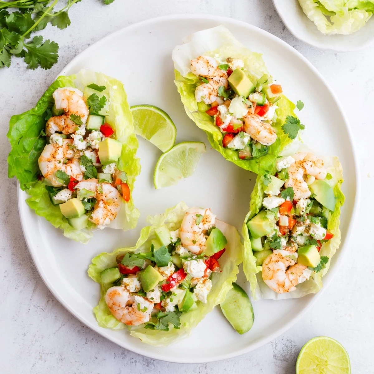 Creamy cottage cheese avocado lime shrimp salad cups nestled in crisp green lettuce leaves