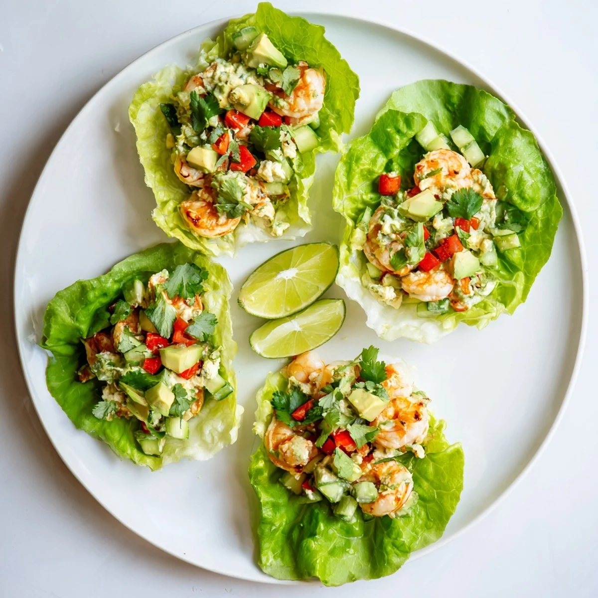 Zesty lime and avocado cottage cheese shrimp salad cups drizzled with fresh cilantro garnish