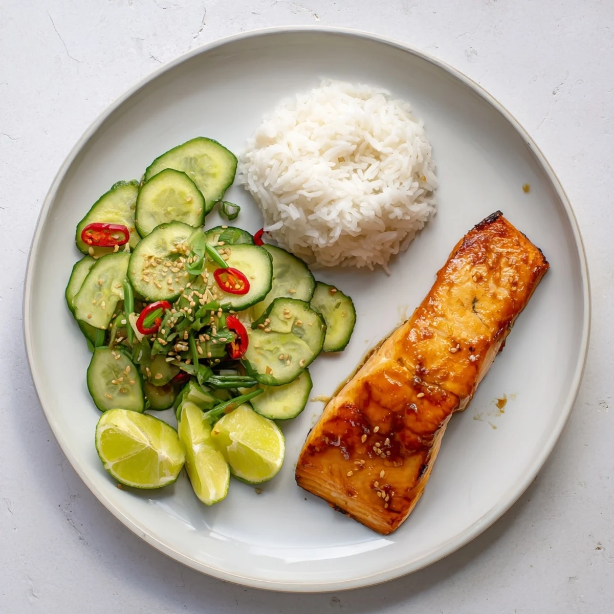 Caramelized miso maple salmon with glossy glaze paired with crisp sesame cucumber crunch