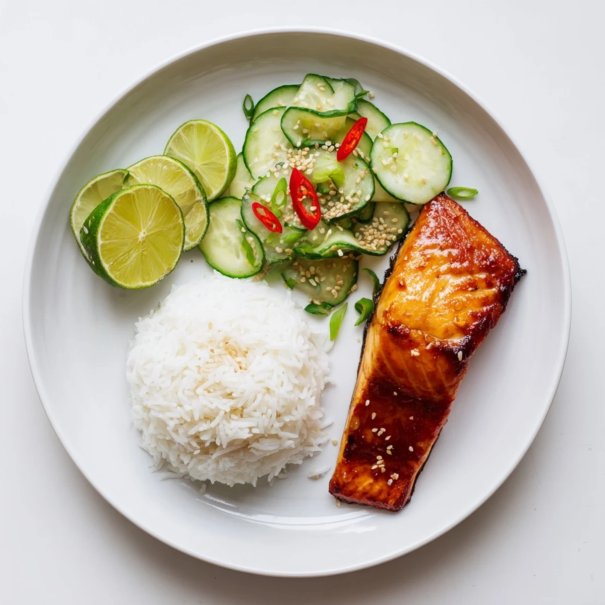 Golden baked miso maple salmon served alongside a cool sesame cucumber crunch salad