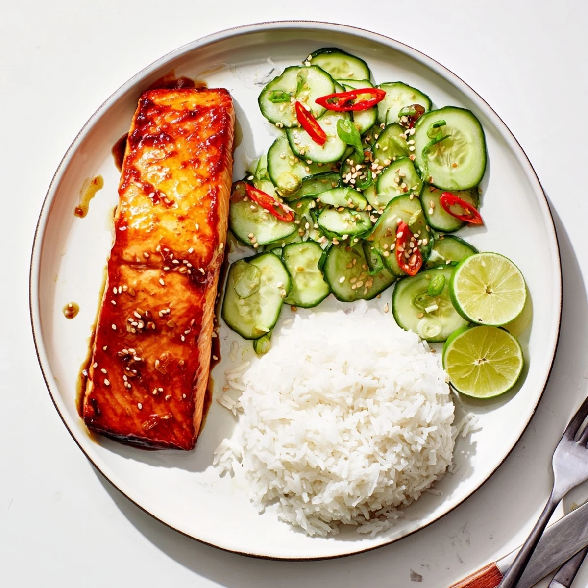 Juicy miso maple salmon fillet drizzled with sticky glaze beside refreshing sesame cucumber crunch