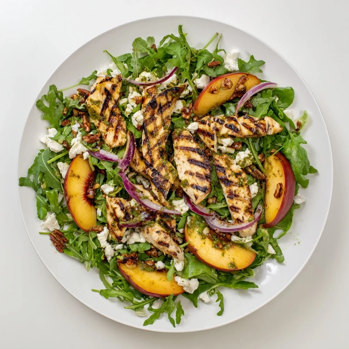 Grilled peach and arugula chicken salad topped with crumbled feta and toasted pecans