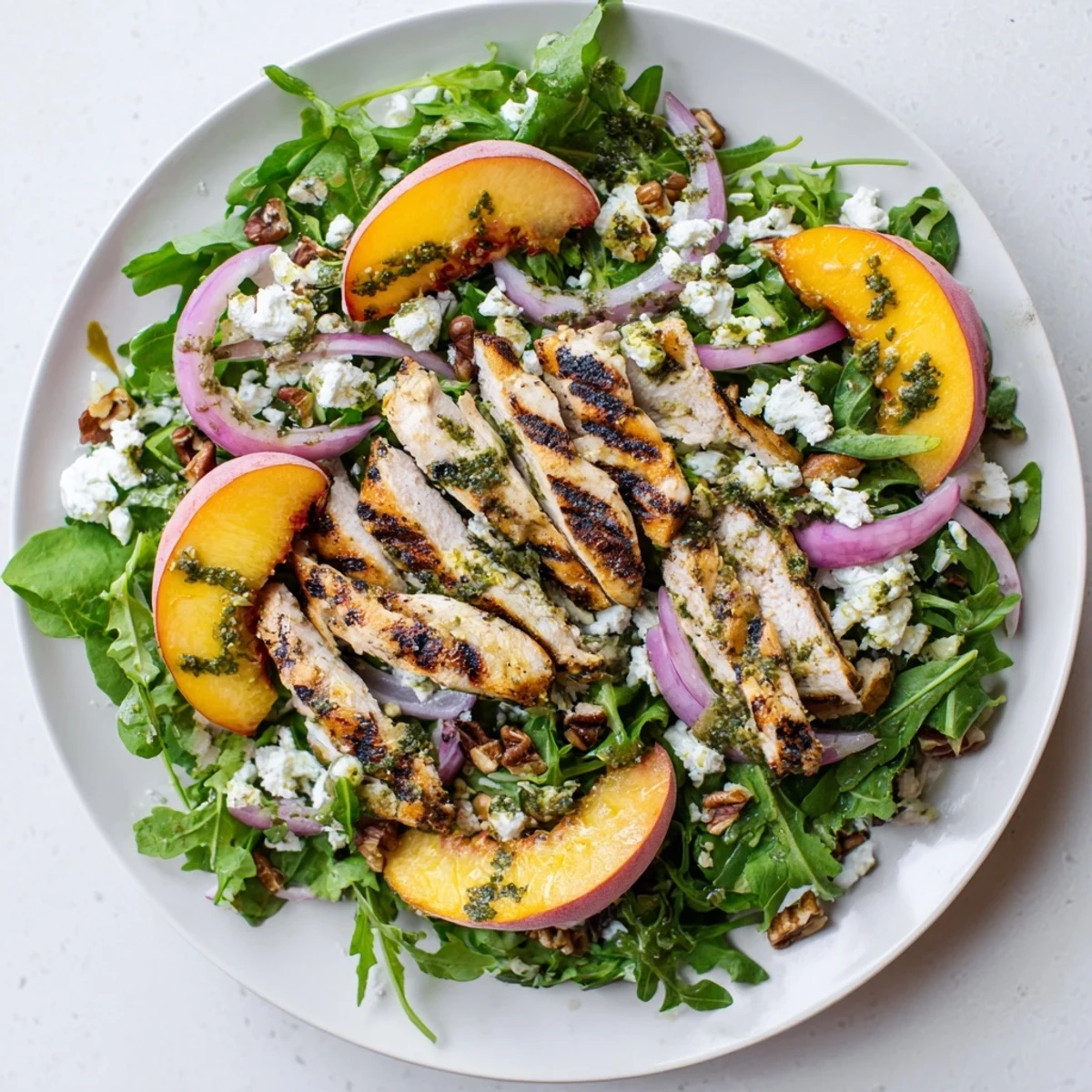 Juicy caramelized peaches and sliced chicken nestled over peppery arugula with herb vinaigrette