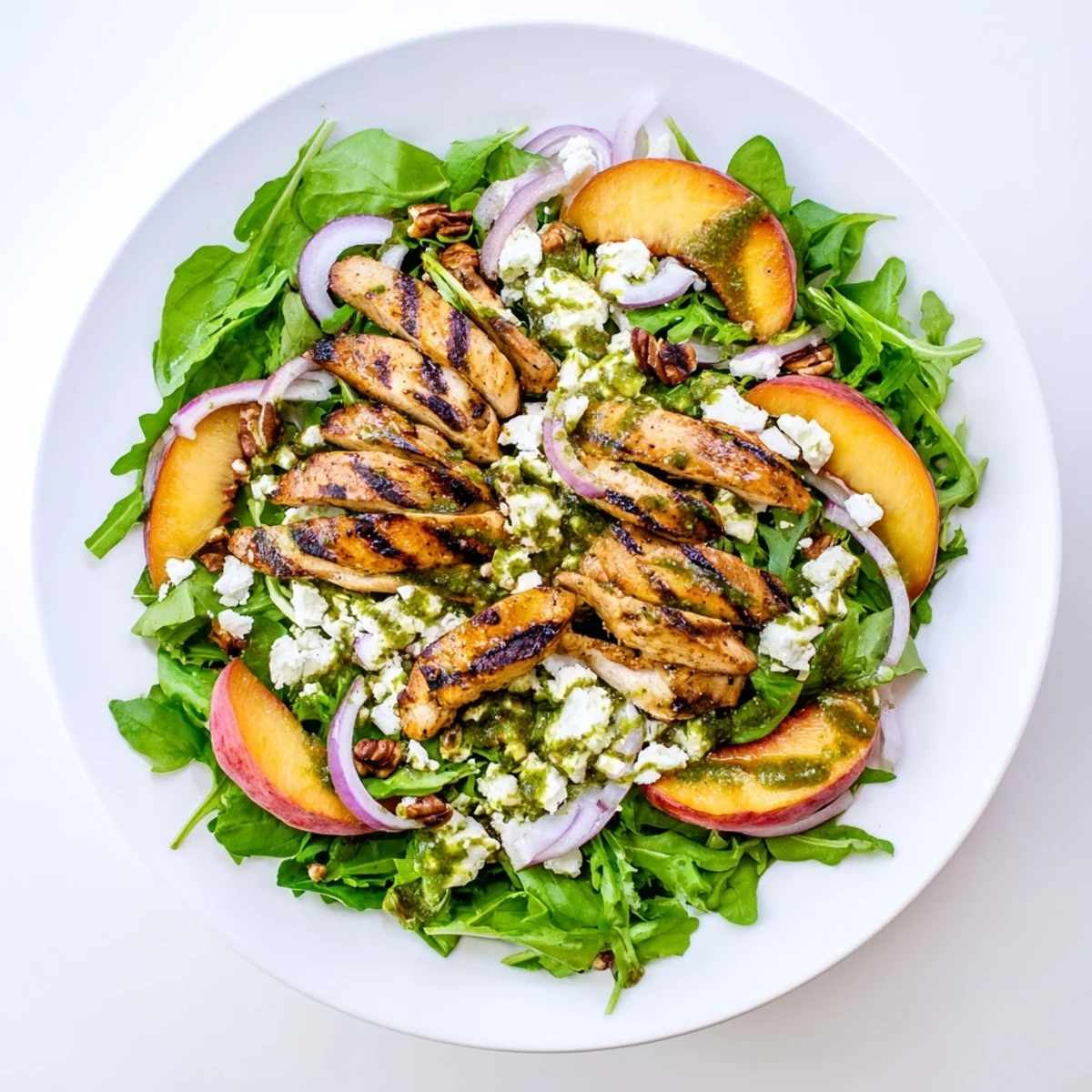 Colorful grilled peach and arugula chicken salad drizzled with fresh mint basil dressing