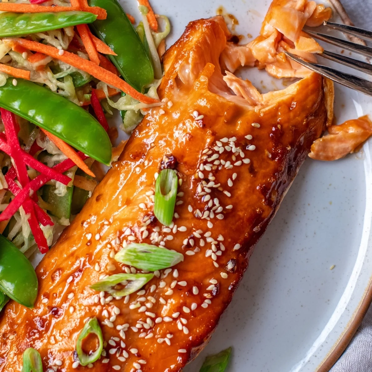 Miso Ginger Salmon With Sesame Snap Pea Slaw plated over brown rice.