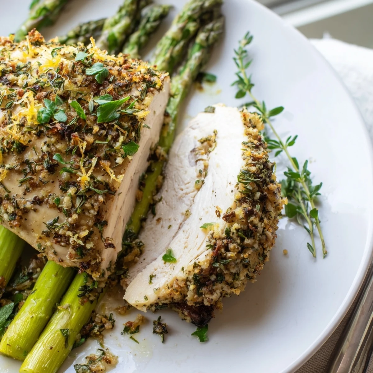 Golden garlic herb chicken with roasted asparagus and lemon on a rustic white plate