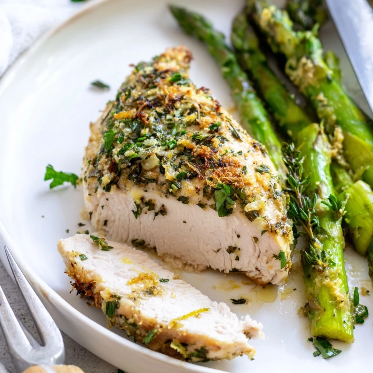 Juicy herb-crusted chicken breast plated beside roasted asparagus and bright lemon wedges