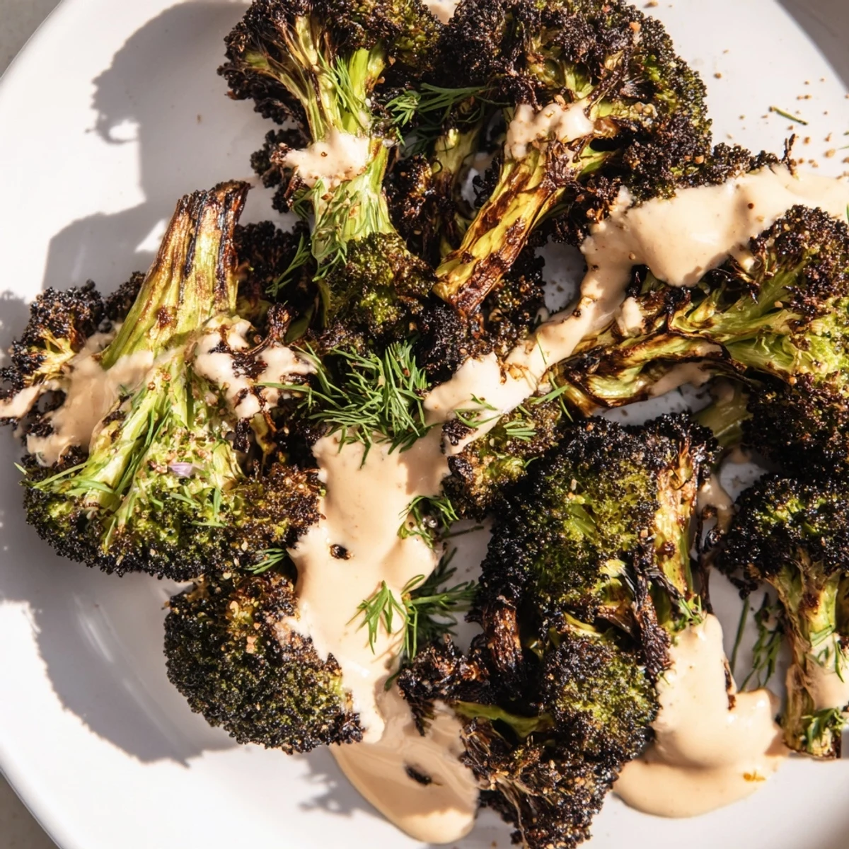 Tender charred broccoli with lemon herb tahini drizzle garnished with fresh parsley