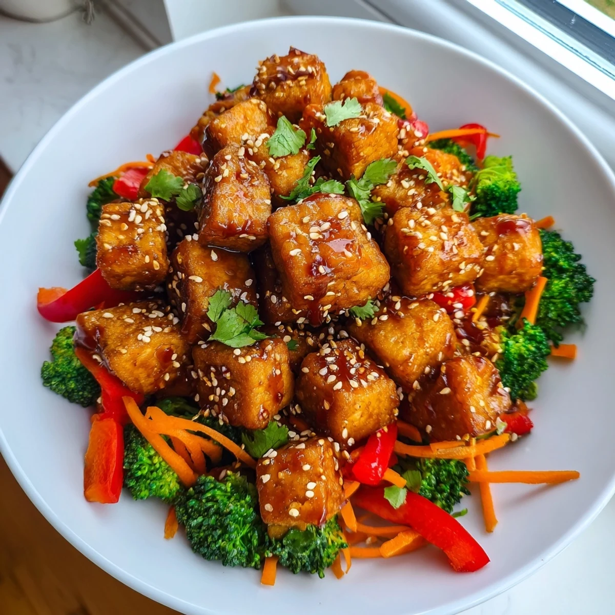 Golden crispy chili sesame tofu glazed in spicy sauce over vibrant ginger broccoli crunch