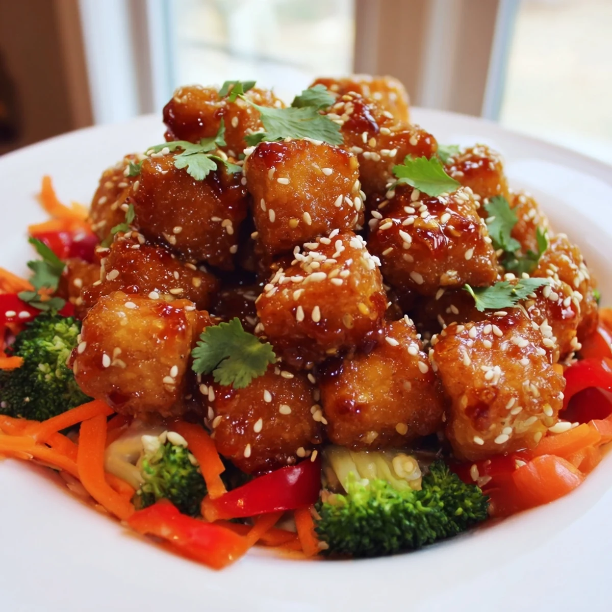 Crispy chili sesame tofu with ginger broccoli crunch topped with sesame seeds in bowl