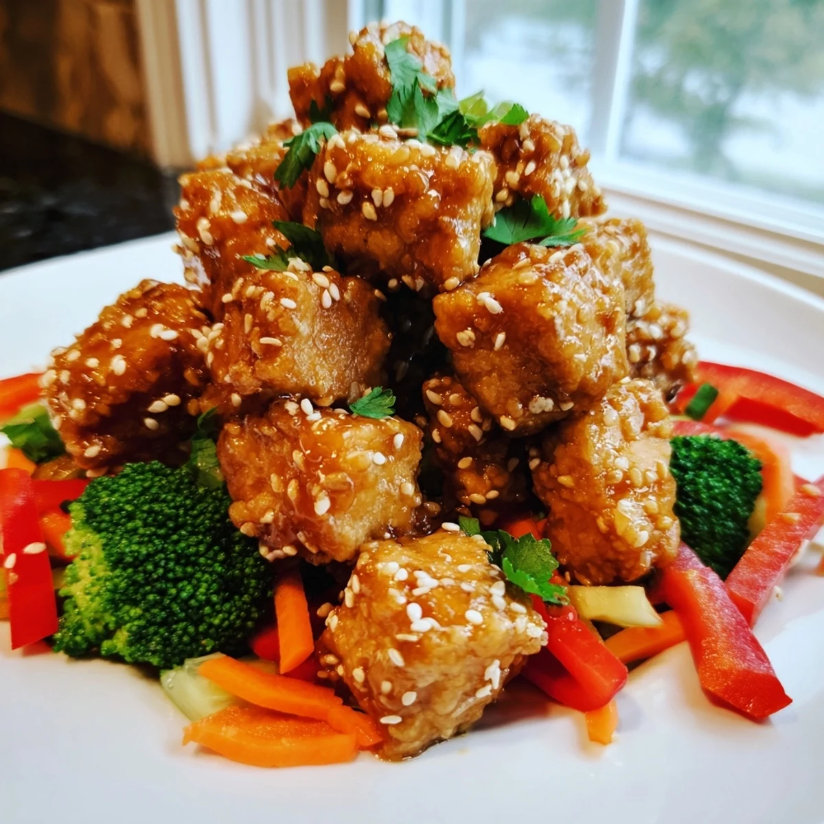 Pan-fried crispy chili sesame tofu cubes drizzled with sticky glaze beside tender crisp broccoli
