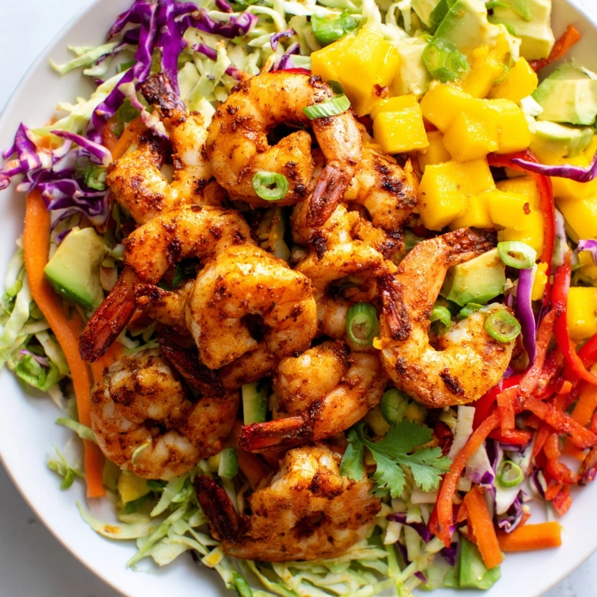 Spicy mango shrimp sizzling golden in a skillet with colorful lime avocado crunch slaw