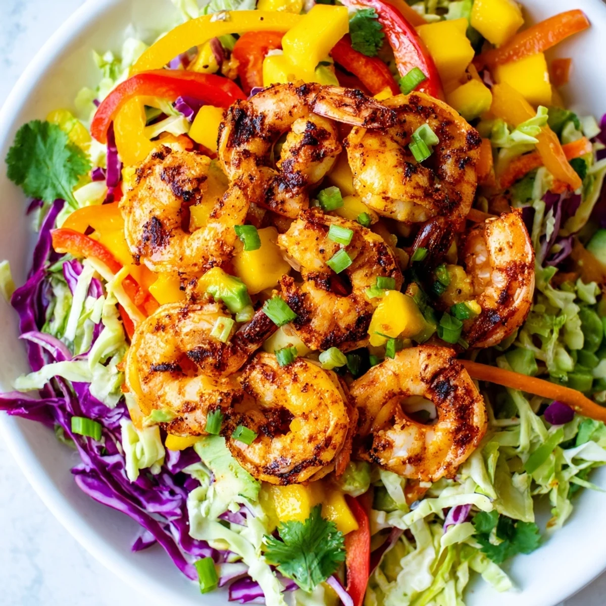 Bright lime avocado crunch slaw topped with caramelized spicy mango shrimp on a rustic plate