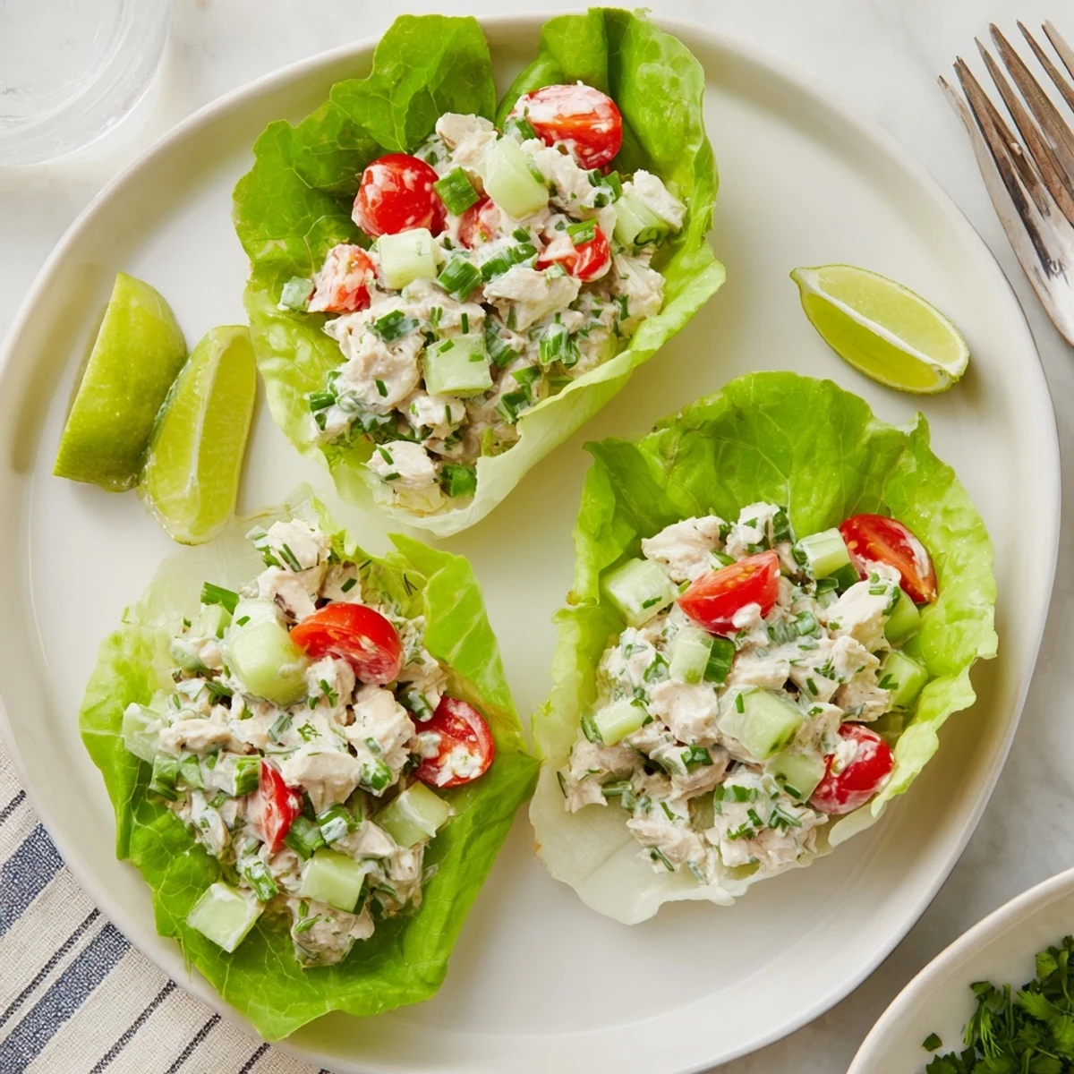 Creamy cottage cheese herb lime chicken salad cups nestled in crisp butter lettuce leaves