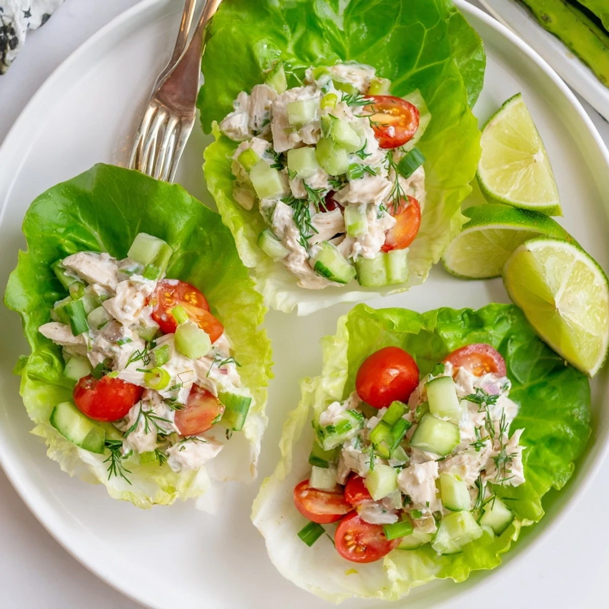 Zesty lime and fresh herb chicken salad scooped into crunchy green lettuce cups