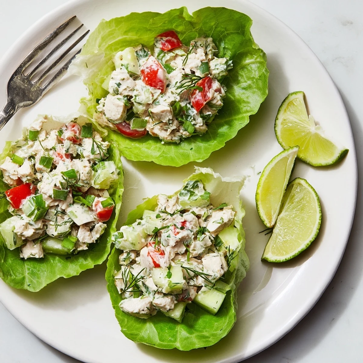 Bright herbed cottage cheese lime chicken salad spooned into tender romaine lettuce cups