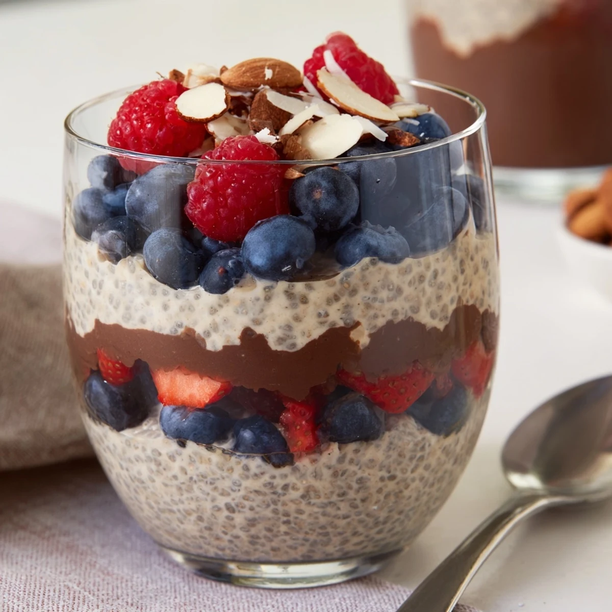 Creamy chocolate coconut almond berry protein chia cream layered in a glass topped with fresh berries and toasted almonds