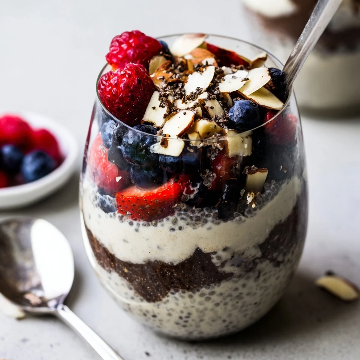 Velvety chocolate coconut almond berry protein chia cream served in parfait glasses with juicy berries and shredded coconut