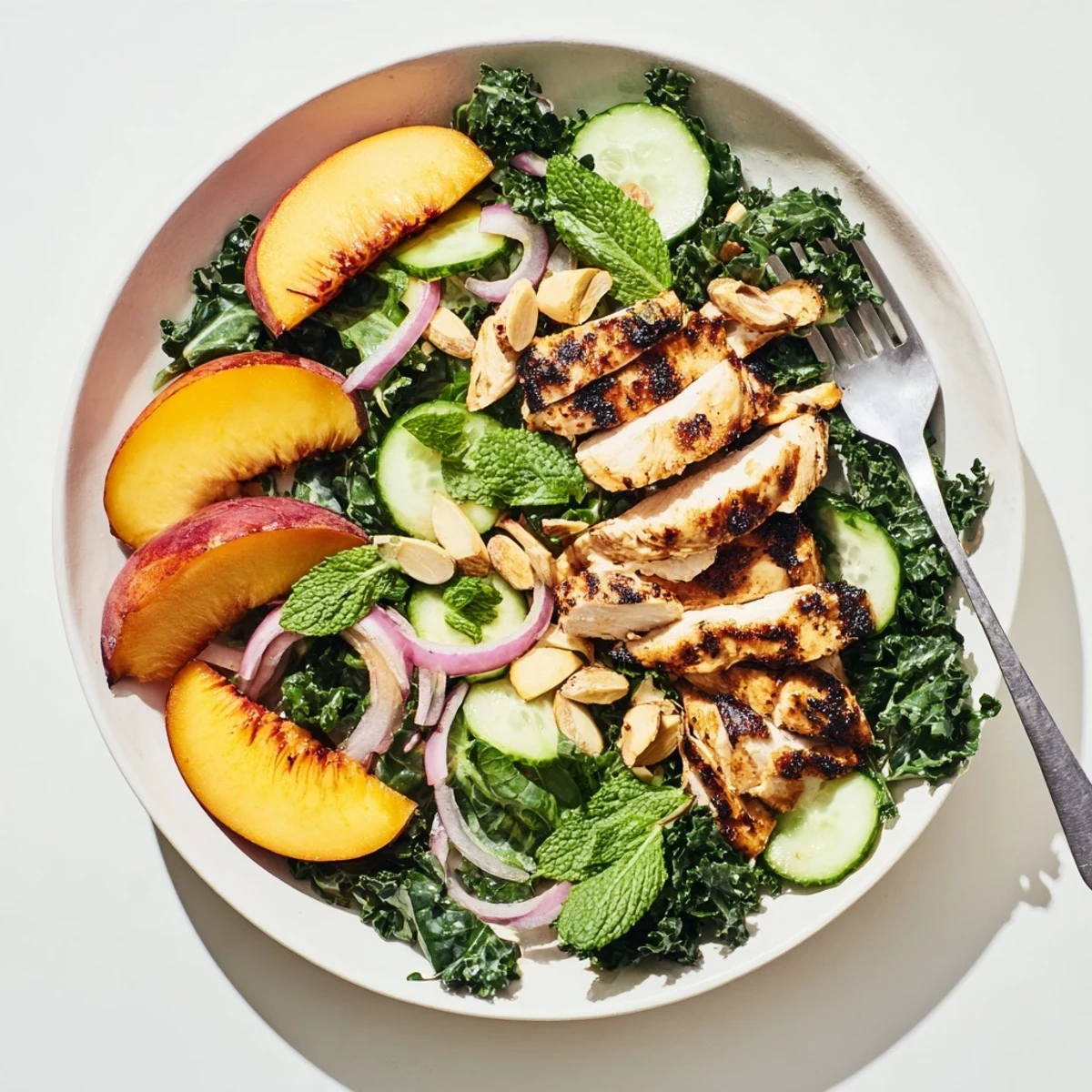 Grilled nectarine and kale chicken salad topped with charred fruit and fresh mint
