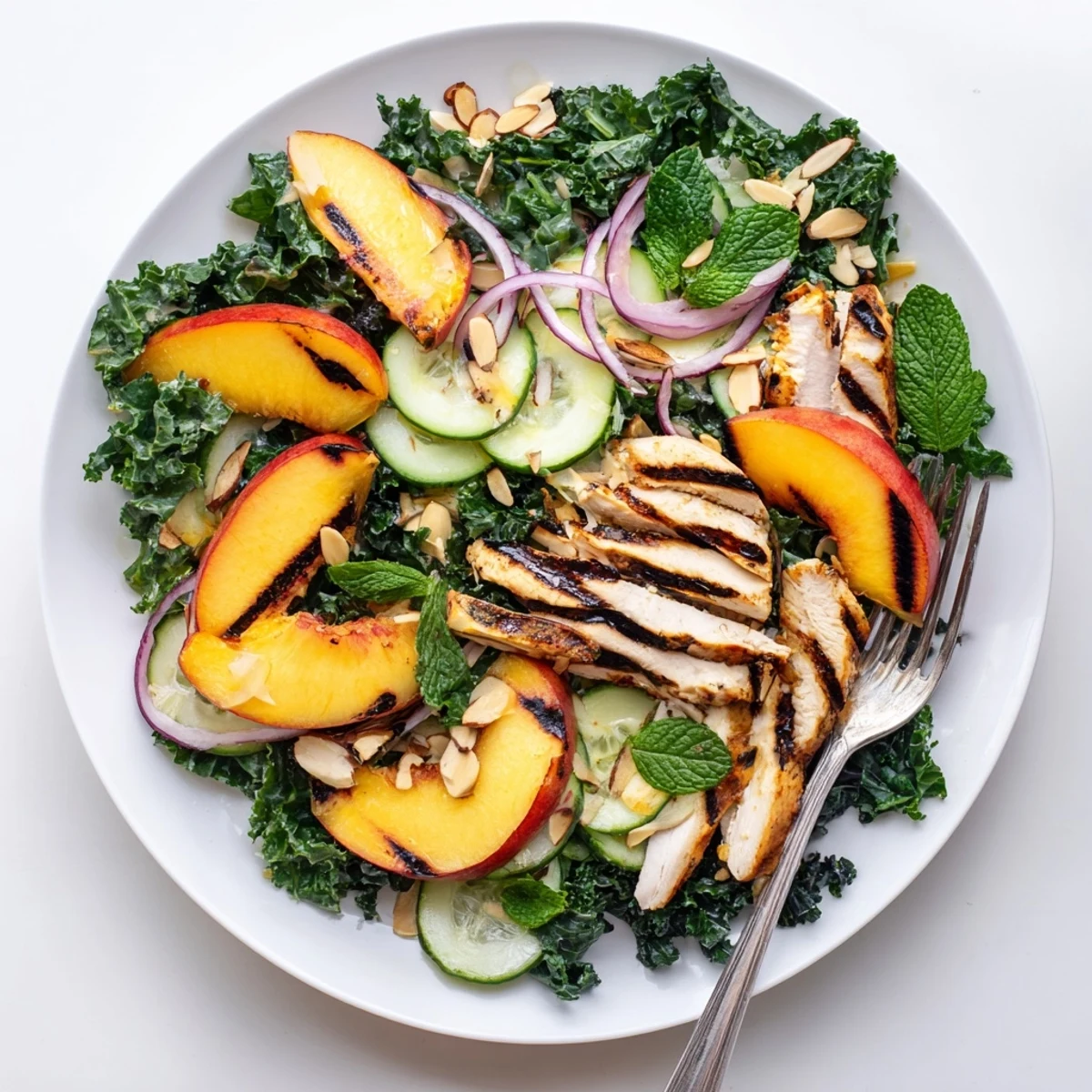 Smoky grilled nectarine and kale chicken salad drizzled with bright honey lemon dressing