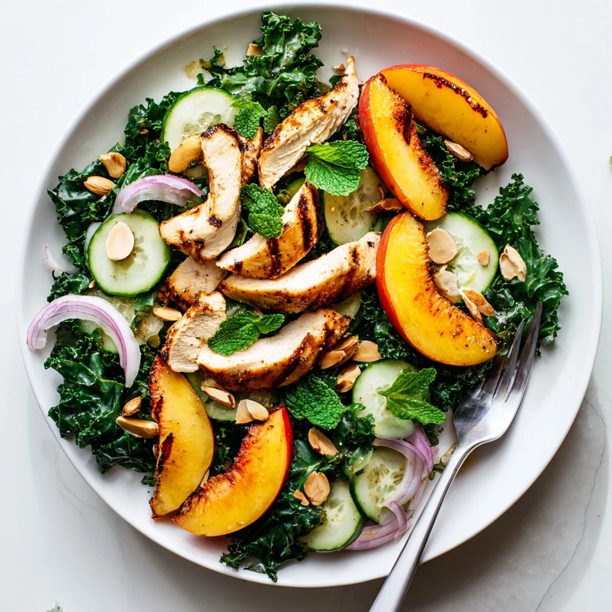 Colorful grilled nectarine and kale chicken salad served in a rustic shallow bowl