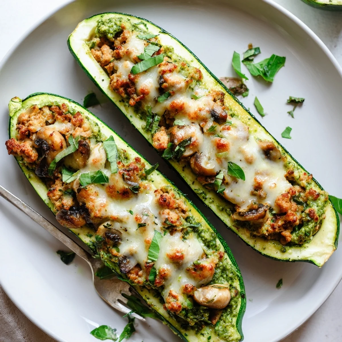 Golden baked pesto turkey zucchini boats topped with melted mozzarella and fresh herbs