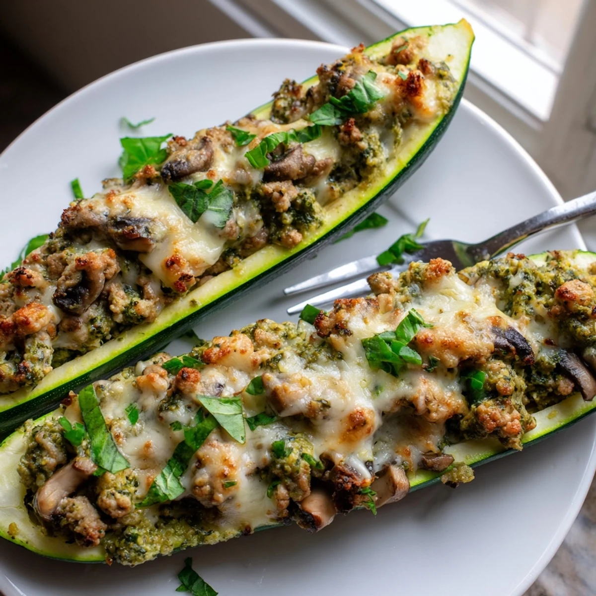 Tender zucchini halves stuffed with savory ground turkey, pesto, and earthy mushrooms