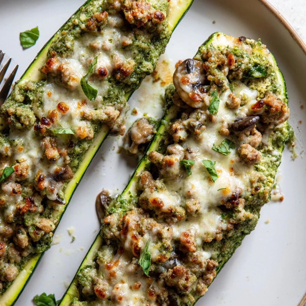 Cheesy pesto turkey and mushroom zucchini boats garnished with basil on a rustic baking dish