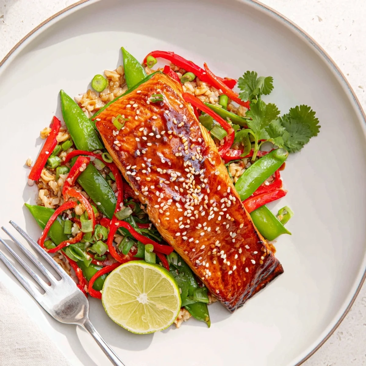 Glistening miso ginger salmon with caramelized glaze served over crisp sesame snap peas