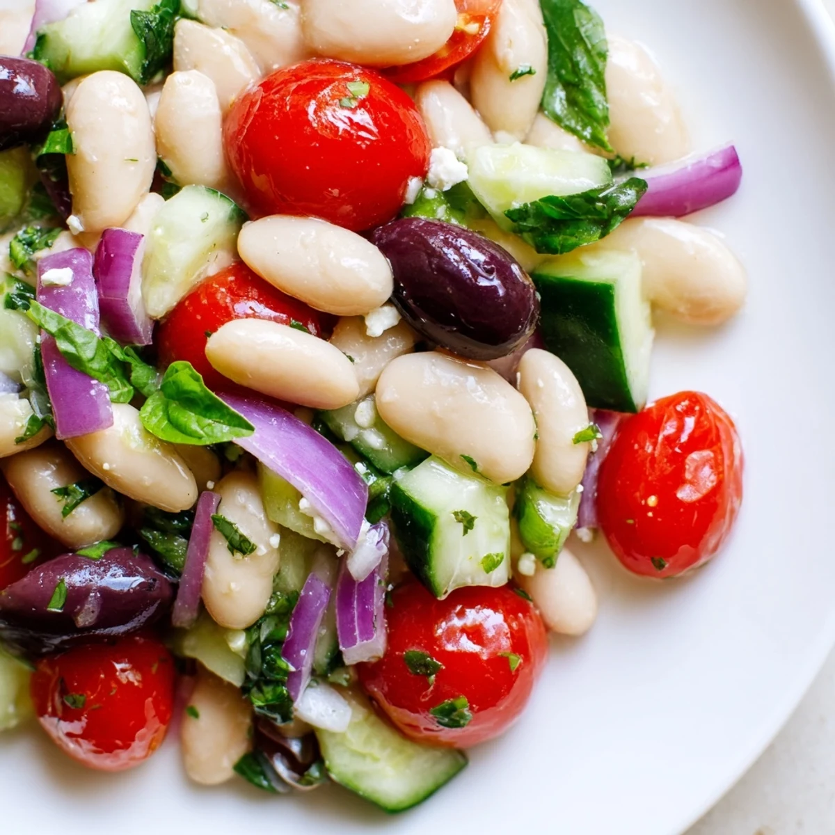 Mediterranean white bean and tomato basil cucumber salad glistening with bright lemon vinaigrette in a rustic bowl