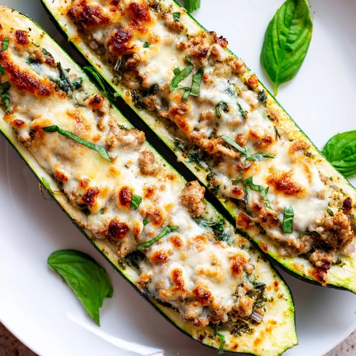 Golden baked pesto turkey spinach zucchini boats topped with melted mozzarella and fresh basil herbs.