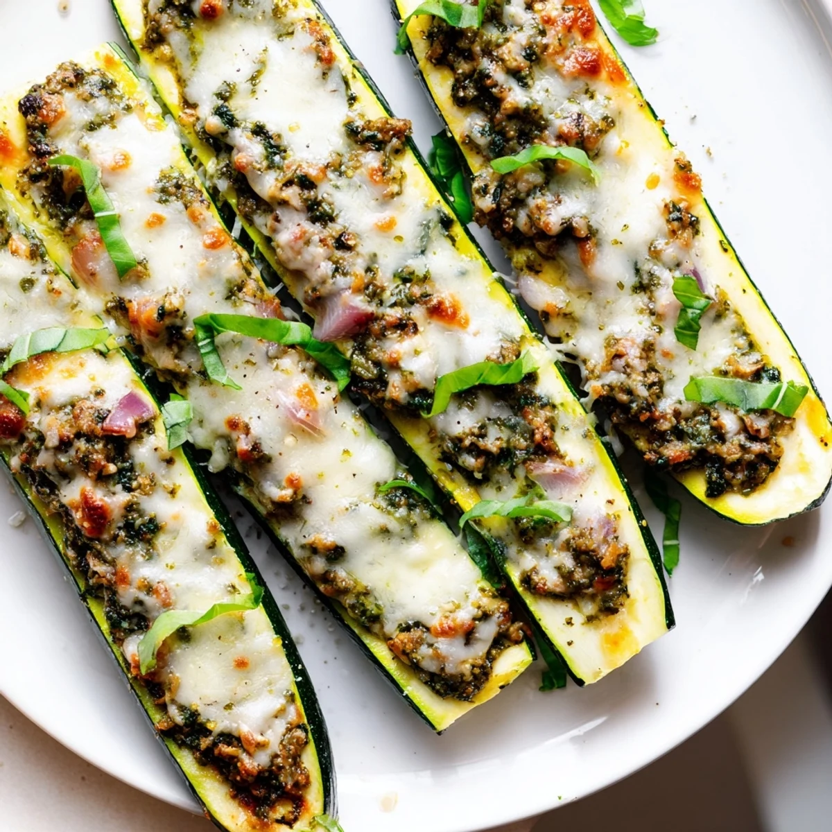 Tender zucchini boats stuffed with savory ground turkey, vibrant spinach, and bubbling pesto cheese.