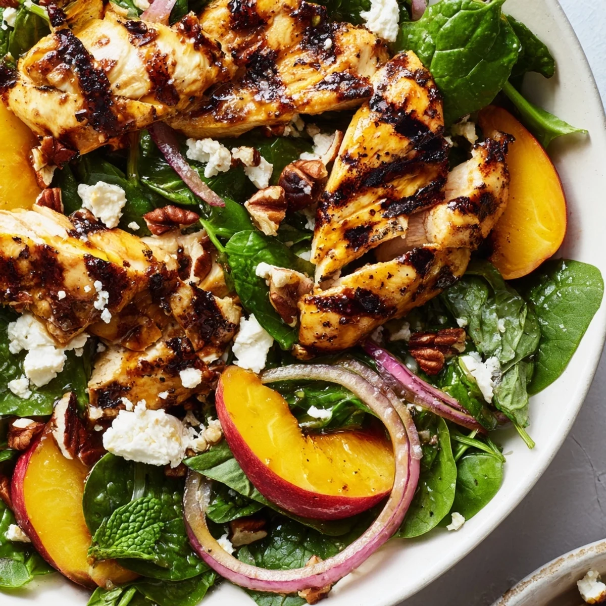 Grilled Peach and Spinach Chicken Salad drizzled with honey-lime vinaigrette on a rustic plate