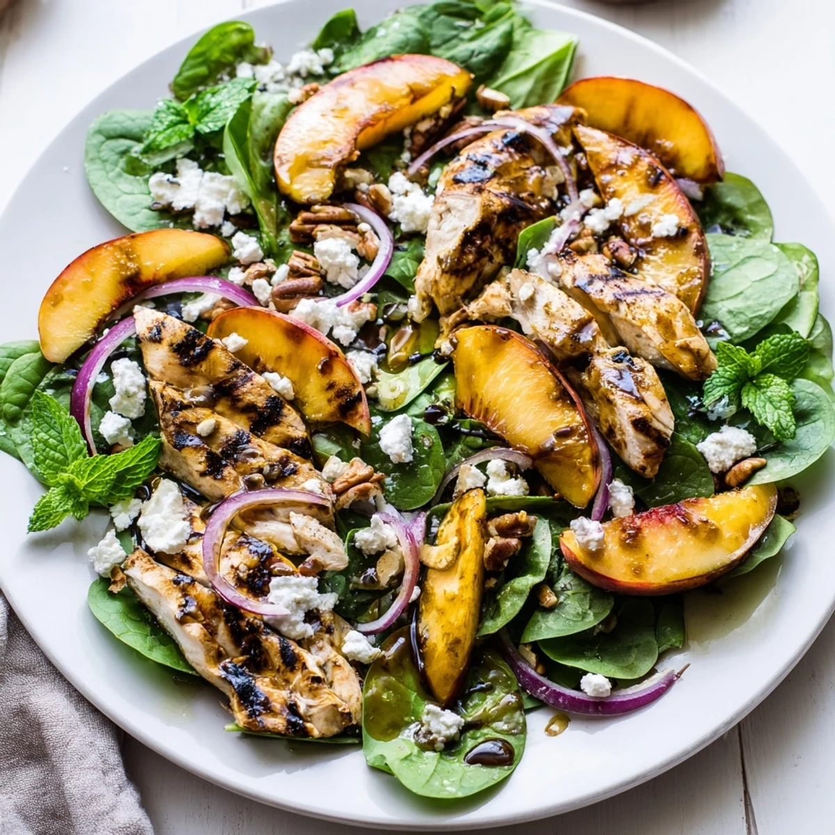 Charred peach wedges and sliced chicken nestled over crisp spinach with crumbled feta and mint